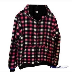 Hoodie Sherpa Lined Kangaroo Pocket Zip Pink White Black Checked Print Sz M